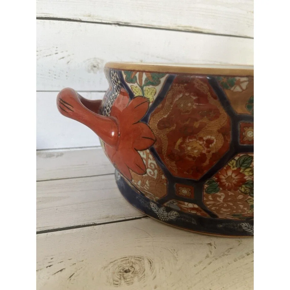 Vintage Oval Handled Imari Style Jardiniere Decorative Interior Fish & Lotus 13”
